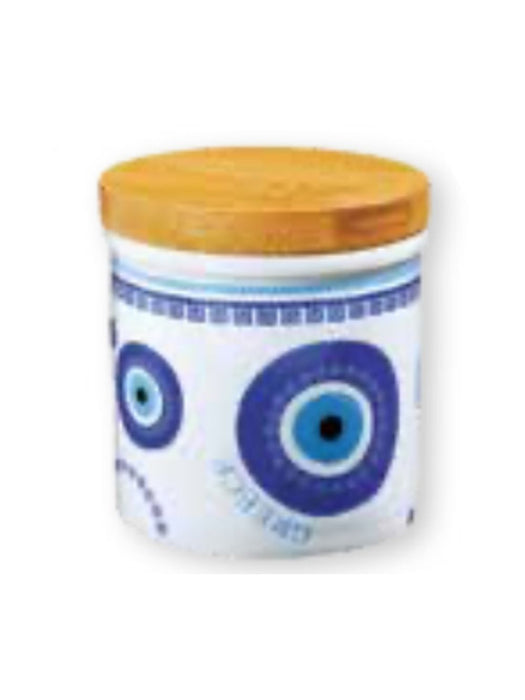Moutsos Cylindrical Jar (porcelain) w/ Wooden lid Eye design 8x6.5cm